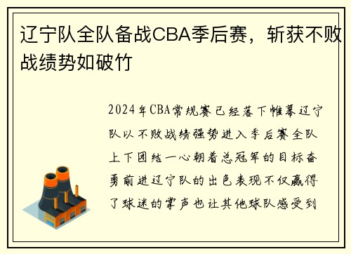 辽宁队全队备战CBA季后赛，斩获不败战绩势如破竹